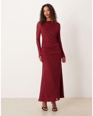 ASOS Mesh Slash Neck Open Back With Full Cuffed Sleeve Maxi Dress - Red