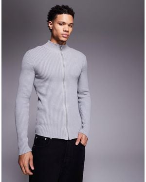 ASOS Muscle Fit Knitted Rib Zip Through Jacket - Gray
