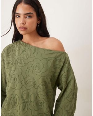 ASOS Off Shoulder Sweatshirt With Embroidery Detail - Green