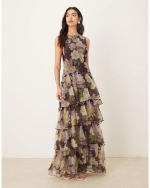 ASOS Chiffon Organza Dropped Waist Ruffle Maxi Dress - Natural