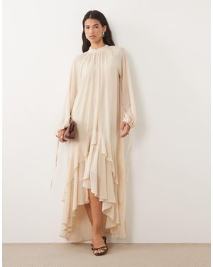 TFNC London Chiffon High Neck Long Sleeve Maxi Dress With Tiered Hem - Natural