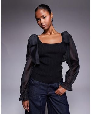 River Island Top en maille avec manches en tulle - Bleu