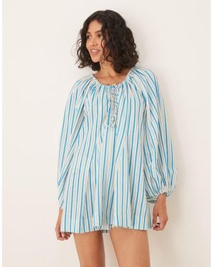 ASOS Vestido Corto A Con Cuello Ancho Fruncido Y Mangas Voluminosas De - Azul