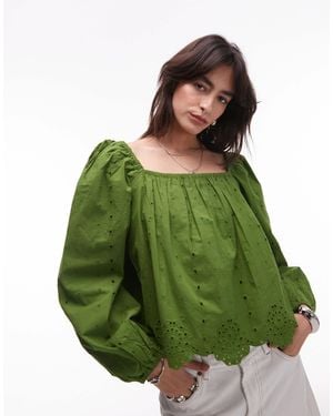TOPSHOP Cutwork Long Sleeve Top - Green