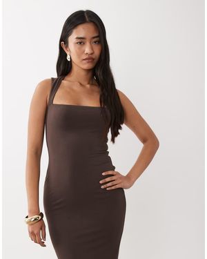 Oh Polly Modal Blend Square Neck Slinky Midi Dress - Brown