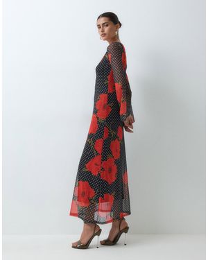 Never Fully Dressed Aria robe longue en tulle à manches longues à pois noirs et imprimé coquelicot - Blanc