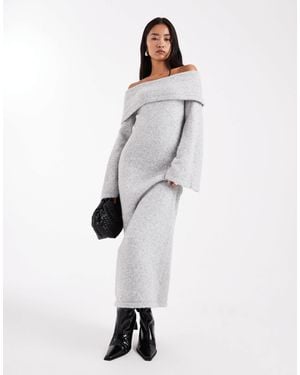 4th & Reckless Wool Feel Foldover Bardot Bell Sleeve Knitted Maxi Sweater Dress - White