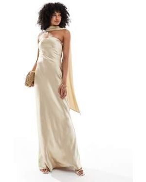 Six Stories Bridesmaid Satin Maxi Dress With Chiffon Neck Scarf - White