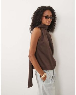 Pretty Lavish Breya Satin Scarf Neck Sleeveless Blouse - Brown
