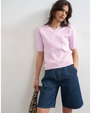 TOPSHOP Knit High V Neck Top - Pink