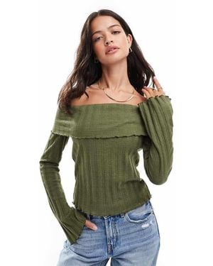 Pieces Off The Shoulder Ribbed Long Sleeve Top With Lettuce Edge Detail - Green