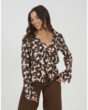 Brave Soul Cow Print Long Sleeve Collared Blouse - Brown