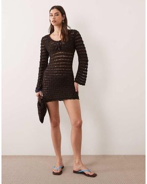 Miss Selfridge Crochet Long Sleeve Tie Detail Mini Dress - Green