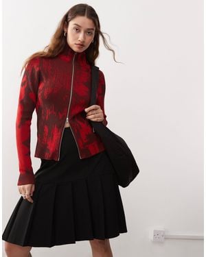 Weekday Sylvie High Neck Zip Cardigan With Jacquard Pattern - Red