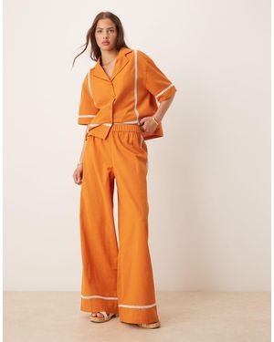 ASOS Linen Blend Pull On Wide Leg Trousers With Contrast Trim Co-ord - Orange