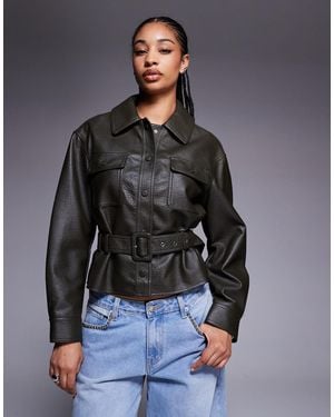 River Island Belted Faux Leather Overshirt - Gray