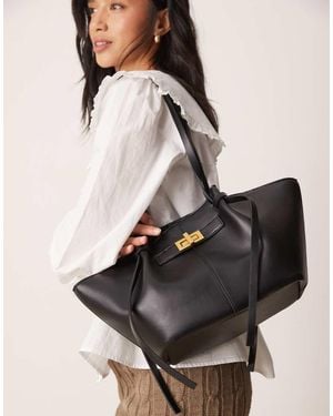 Gina Tricot Small Faux Leather Tote Bag With Strap And Clutch With Gold Detail - Black