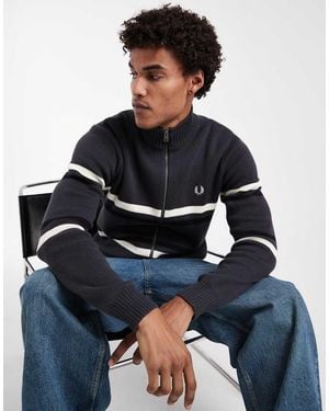 Fred Perry Cardigan A Righe Con Logo E Zip - Blu