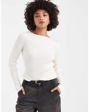 Miss Selfridge Knit Rib Slash Neck Long Sleeve Top - White
