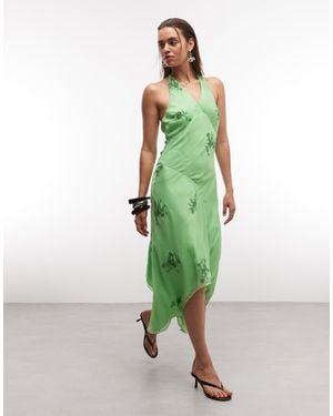 Reclaimed Vintage Limited Edition Halter Neck Midi Dress With Scarf Detail And Embroidery - Green