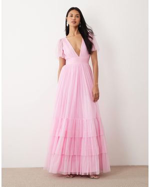 LACE & BEADS Madison Tulle Flutter Sleeve V-neck Maxi Dress - Pink