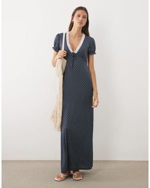Miss Selfridge V-Neck Maxi Tea Dress With Lace Trim - Blue