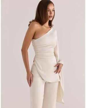 House Of Cb Nicolette Oyster Satin One Sleeve Asymmetric Draped Top - Natural