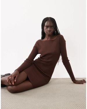 Miss Selfridge Rib Knit Slash Neck Mini Dress - Brown