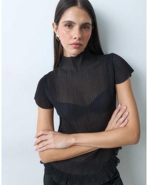 Lioness Sweetness High Neck Sheer Top With Ruffle Hem - Grey