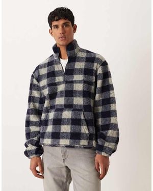 ASOS Relaxed Quarter Zip Borg Sweatshirt With Check Print - Blue