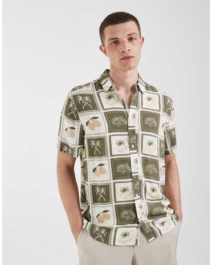 Blend Camicia Estiva Vestibilità Classica Oliva Polvere Con Stampa Patchwork - Marrone