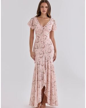 House Of Cb Amina Vintage Rose Print Georgette Maxi Tea Dress - Pink