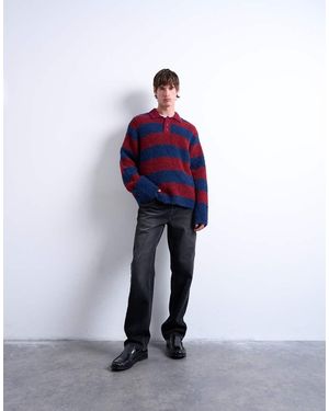 TOPMAN Relaxed Fit Knitted Stripe Polo Jumper - Blue