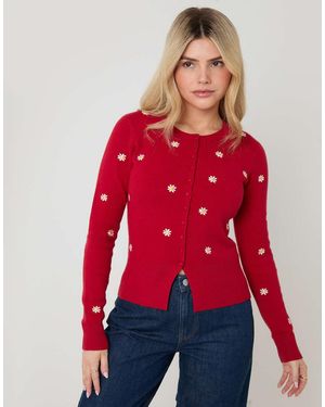 Threadbare Daisy Embroidered Crew Neck Knitted Cardigan