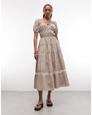 Daisy Street Vestito Milkmaid Midi A Balze A Quadri - Neutro
