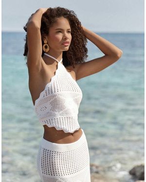 4th & Reckless Crochet And Lace Insert Scarf Tie Top Co-Ord - Blue