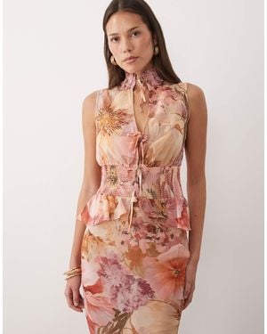 Wanderdoll Primrose Tie Detail Sleeveless Shirred Chiffon Top Co-Ord - Multicolor