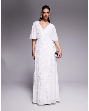 Maya Bridal Floral Embellished Cape Sleeve Faux Wrap Maxi Dress - Grey
