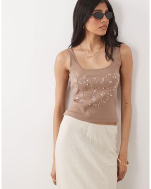 Miss Selfridge Embellished Rib Square Neck Top - Natural