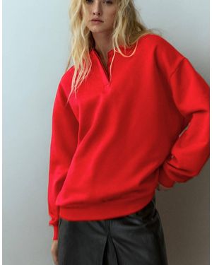 Pull&Bear Round Neck Button-up Sweatshirt - Red