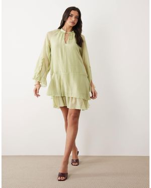 Y.A.S Tie Front Long Sleeve Boho Mini Dress - Natural