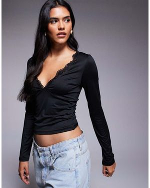 ASOS Slinky Lace Trim Long Sleeve Deep V Neck Top - Blue
