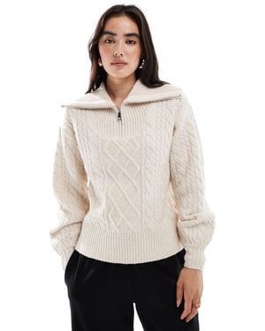Threadbare Cable Knit 1/4 Zip Sweater With Collar - White