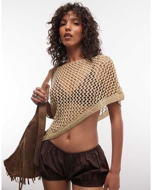 Reclaimed Vintage Crochet Knit Metallic Poncho - Brown