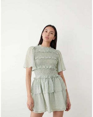 Y.A.S Shirred Mini Dress Wirh Frill Details - Green
