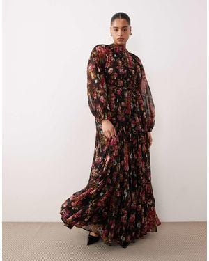 Lace & Beads Plus Long Sleeve Maxi Dress - Brown