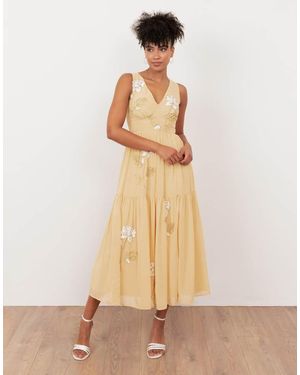 Maya Floral Embellished V Neck Midaxi Dress - Natural