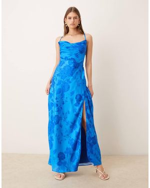 Hope & Ivy Satin Cowl Neck Open Tie Back Thigh Split Maxi Dress - Blue