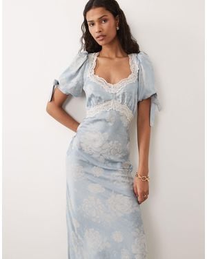 Hope & Ivy Satin Jacquard Lace Trim Tie Sleeve Midi Dress - Grey