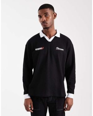 ASOS Heavyweight Relaxed Long Sleeve Polo With Text Graphic - Black